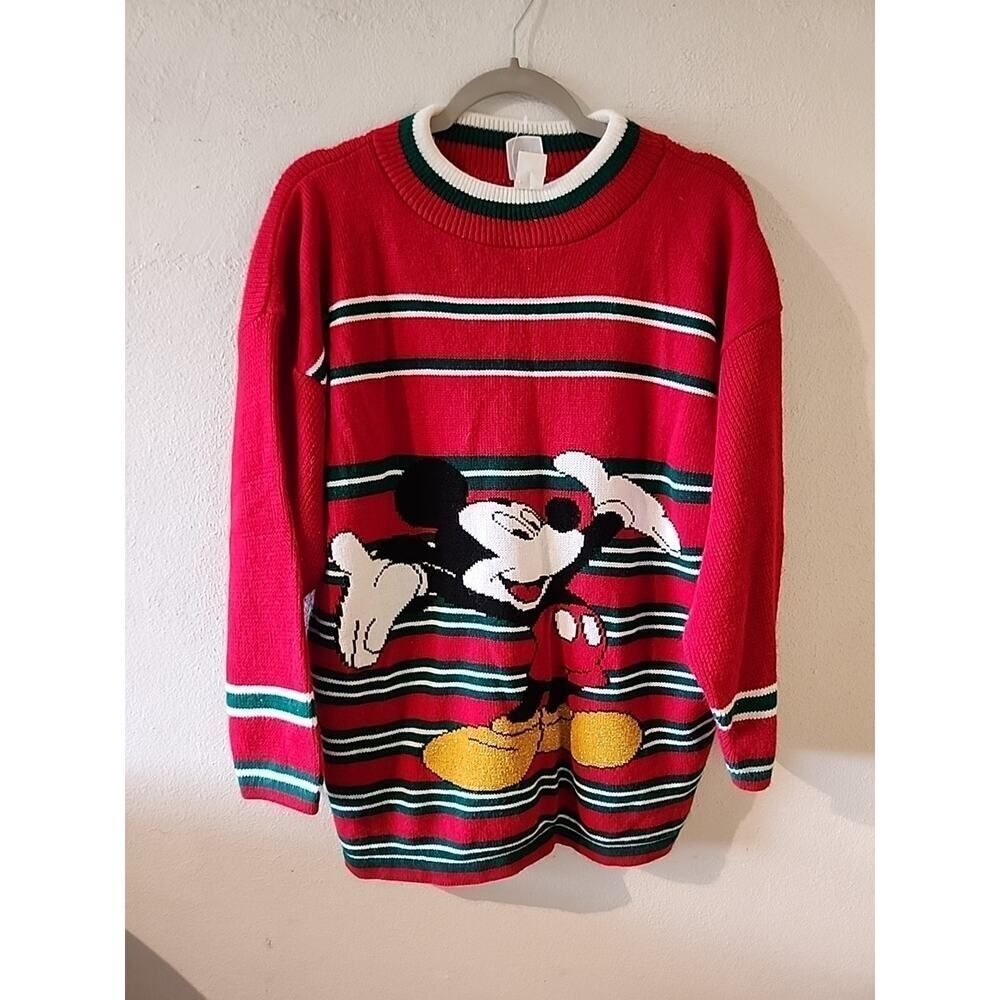 Vintage 90s Disney Christmas Mickey Mouse Knit Sweater Large Red Y2K Striped